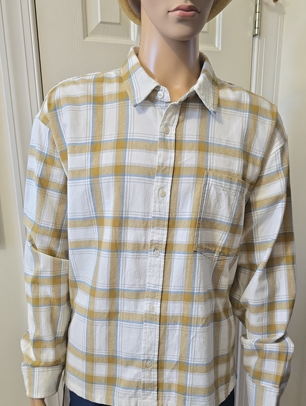 Aeropostale Brand Mens White and Mustard Plaid Button-Down Flannel Shirt Size XL